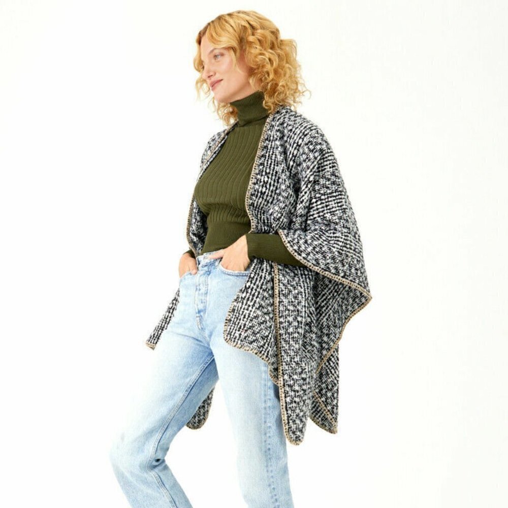 Summer & Rose Black White Erica Sweater Wrap Poncho Cardigan One Size Chunky